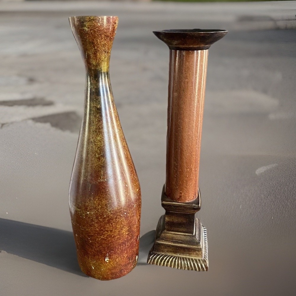 14" Rustic Farmhouse Brown Metal Vase Pillar Candle Holder Set Home Decor